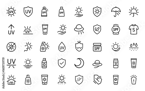 Ultraviolet protection icons set. Sunscreen spf vector pictogram. UV radiation symbol, sun skincare sign. Cosmetic packaging illustration with UV protection and sun block icons and more.