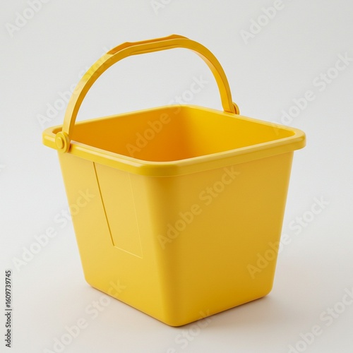 A bright yellow square plastic bucket with a durable handle, a versatile container for cleaning, storage, or industrial use, isolated on a white background.