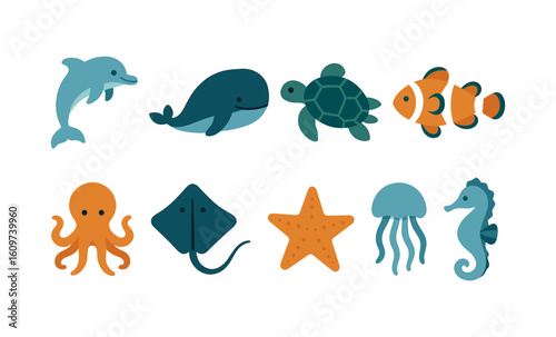 Cute flat marine animals collection with dolphin, whale, turtle, and more