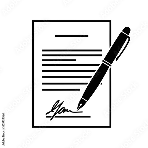 Vector illustration of a pen poised to sign a document with a signature already present