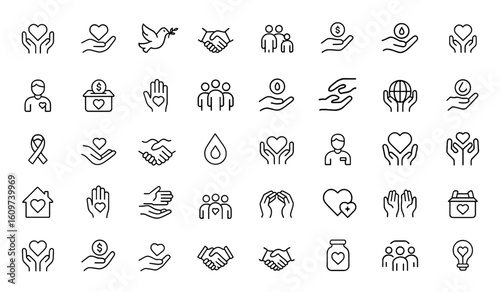 Line style charity and donation icon set for web and mobile app. Icons of volunteering, help, care, solidarity, alms, donate, volunteer, caring, editable stroke, support, giving, aid and more.