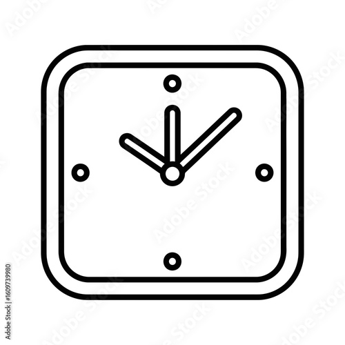 Vector illustration of an outline illustration of a square clock face with hour and minute hands pointing to a time, isolated on a white background