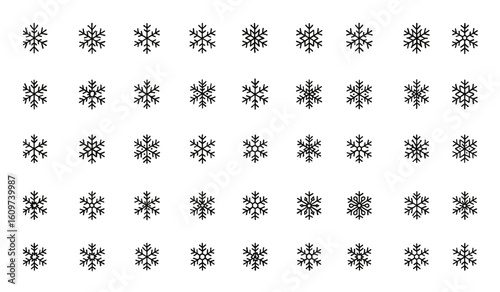 Black winter snowflake icon set. Vector icons of snowflakes in black color. Seasonal winter symbols and icy snow icons for holiday design, cold weather, frost patterns, frozen nature, wintertime