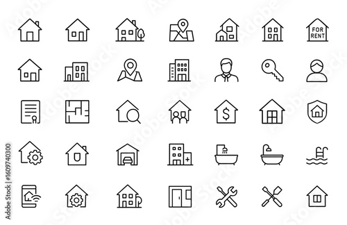 Editable stroke realty icon collection. Thin line vector illustration set for real estate, property, housing, architecture, home, building, land, investment, estate, realtor, commercial and more.