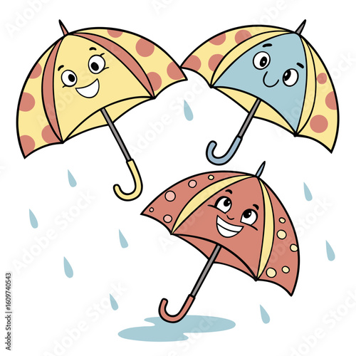 Three cheerful umbrellas stand together in the rain