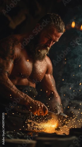 Viking Blacksmith Forging Sword with Sparks Flying