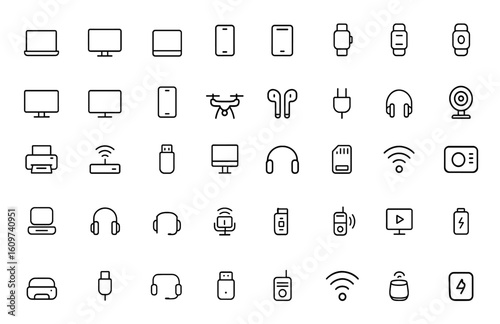Line style set of electronic devices icons for web and mobile apps. Gadgets, smart technology, laptop, smartphone, tablet, drone, computer monitor vector illustration and more.