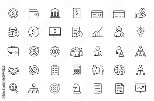 Line style business and finance web icon set. Money, wallet, bank, payment, management, teamwork, office, process icons for mobile and web app. Vector illustration, finance symbols