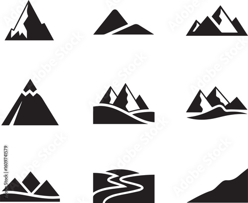 Set of nine minimalist black mountain range icons and stylized landscape symbols for logos.
