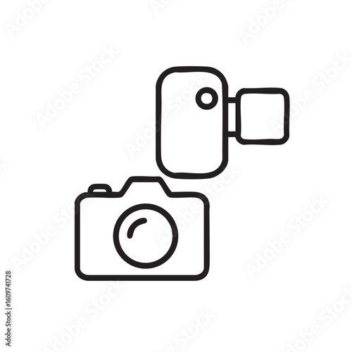 Camera and Camcorder Icon Depicting Photography and Videography Equipment in a Simple Line Drawing minimalist