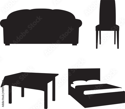 Set of four black vector silhouettes of household furniture: sofa, chair, table, and bed.