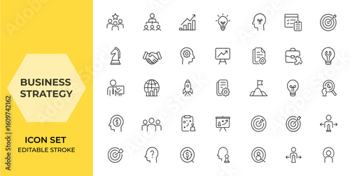 Linear business strategy icon set: editable stroke web icons representing leadership, market analysis, innovation, planning, key concepts, and strategic solutions collection and more.