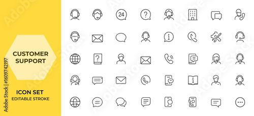 Customer support and service icon set for web and mobile apps in line style. Assistance, online help, 24 hrs service, help, customer care, vector illustration and more.