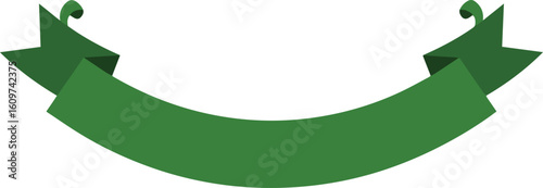 A solid green curved banner with folded, forked ends and curled tips, creating a classic ribbon design.