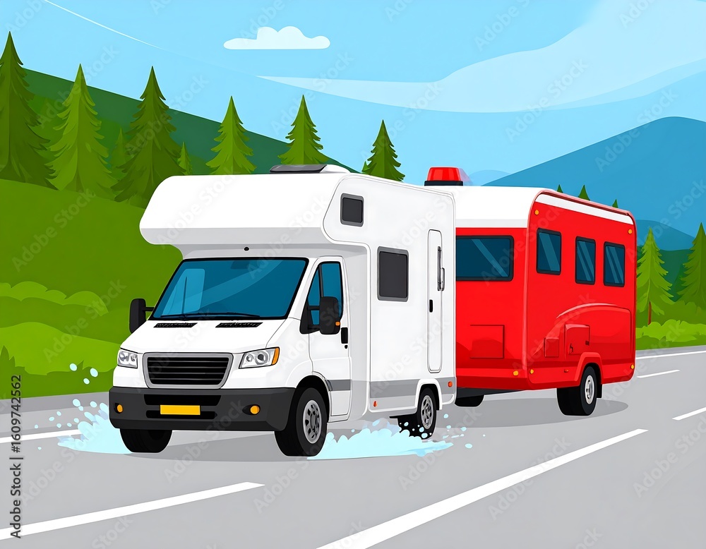 Naklejka premium White camper van towing a red camper, splashes on road, scenic mountain background
