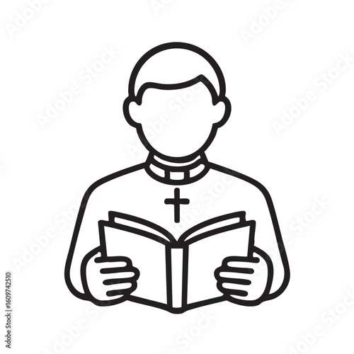 Simple Line Art Depiction of a Priest Reading a Book with a Cross on His Collar