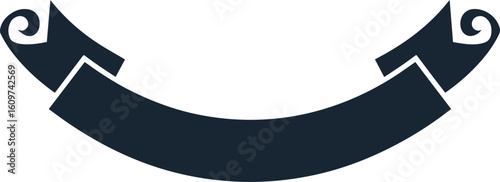 Dark blue arched ribbon banner with elegant scrolled and folded ends.