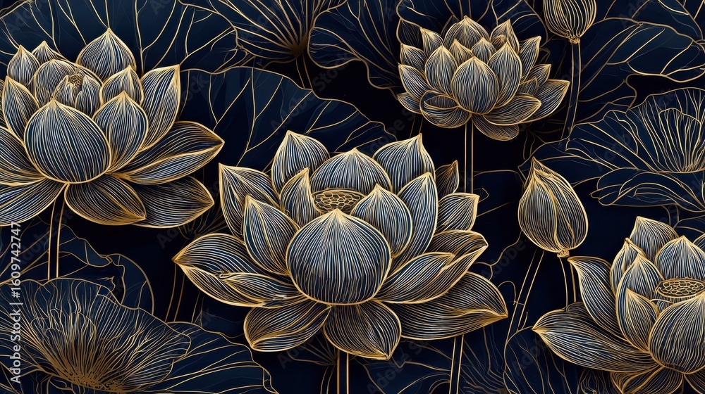 Fototapeta premium Luxury gold lotus background vector. Zen wallpaper collection with golden lotus line art. Design for yoga banner, Luxury cover design and invitation, invite, banner, Natural product packaging design.