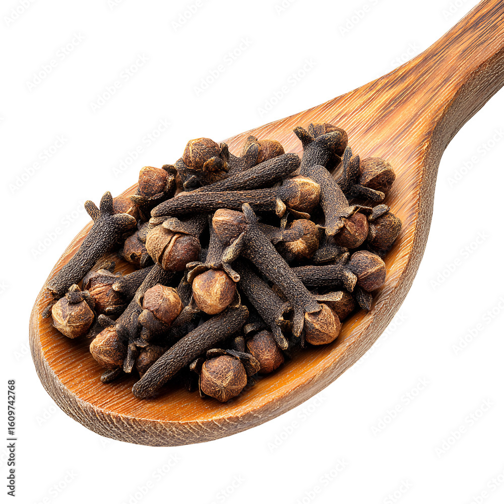 Obraz premium Cloves on a Wooden Spoon Spice Cooking Ingredient,