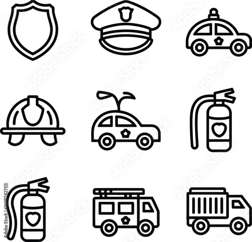 Simple Line Icons Depicting Emergency Services Vehicles and Equipment
