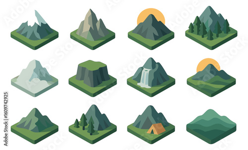 Isometric mountain and forest icons collection with minimalist design and natural elements