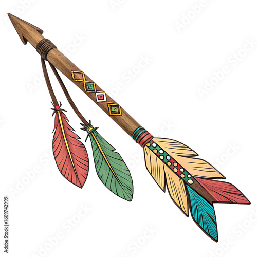 Decorative native american arrow with feathers and geometric patterns