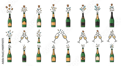 Sparkling Celebration Champagne Bottles and Toasting Glasses Illustration