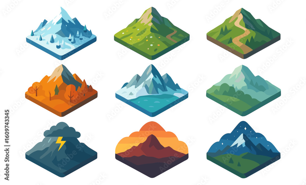 Naklejka premium Diverse isometric mountain landscapes with seasonal and weather variations