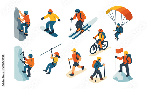 Outdoor adventure activities in vibrant flat style: hiking, climbing, skiing, and more