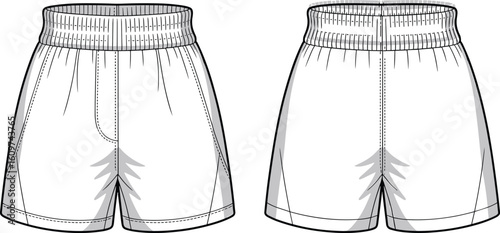 PrintCasual athletic shorts front and back mockup, elastic waistband detail, stylish unisex sportswear design, comfortable fit apparel illustration template