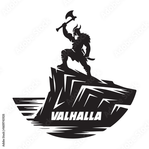 Silhouette of viking warrior with axe on rock valhalla illustration