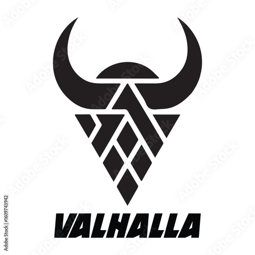 Valhalla text with a black viking helmet and geometric triangle design