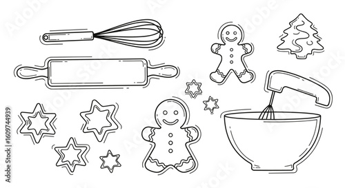 Baking Utensils and Gingerbread Man Cookies Collection