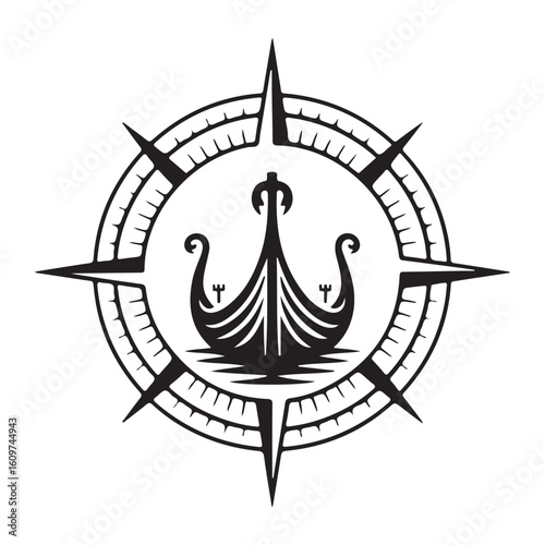 A black and white compass rose with a viking ship in the center