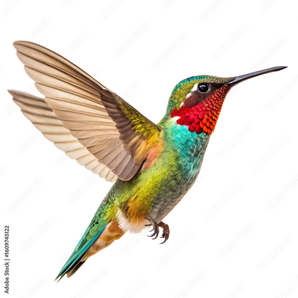 Fototapeta premium Isolated colorful hummingbird flying with wings spread on black background on transparent background