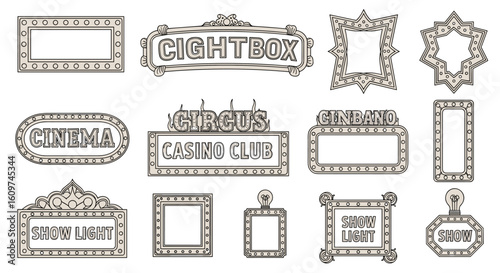 Collection of Illuminated Vintage Marquee Signs for Entertainment Venues, Featuring Diverse Shapes and Artistic Lettering