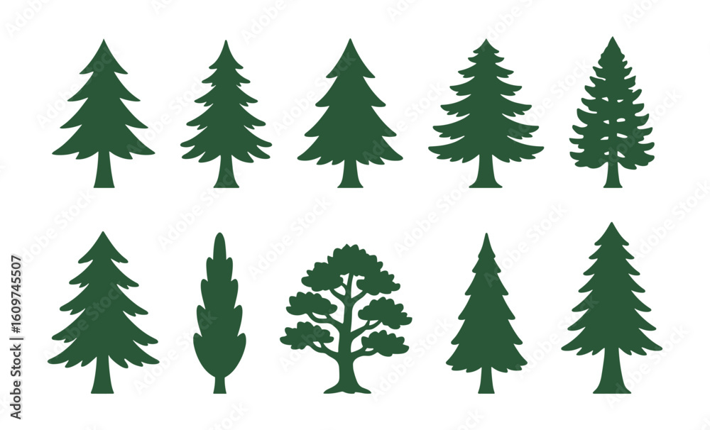 Obraz premium Collection of evergreen tree silhouettes on light background for nature design