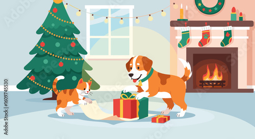 Christmas Gifts Unwrapped by a Playful Kitten and Dog Celebrating Holidays