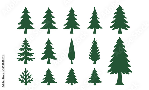 Collection of evergreen tree silhouettes in minimalist style on light background