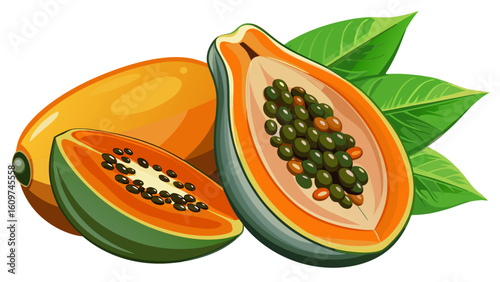 very Beautiful whole and half of ripe papaya fruit with seeds isolated on white background
