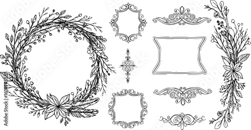 Big set with wreath, design elements, frames, calligraphic. Vector floral illustration with branches, berries, feathers and leaves. Nature frame on white background.