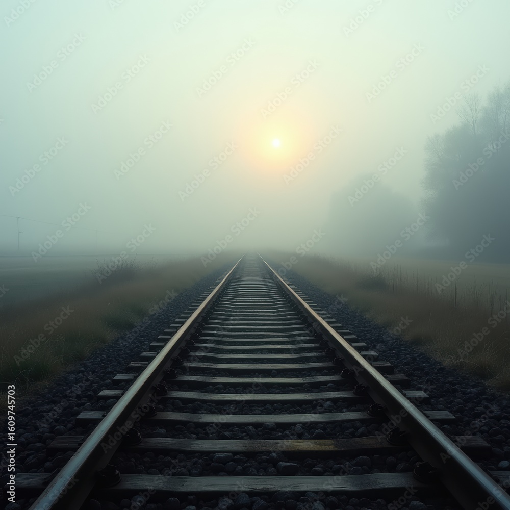 Fototapeta premium Foggy Railroad Track in Mystical Landscape