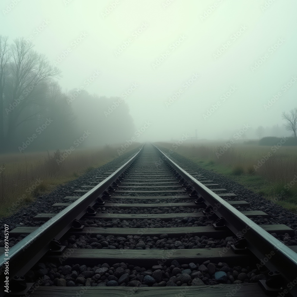 Fototapeta premium Tranquil Fog on Empty Railroad Tracks