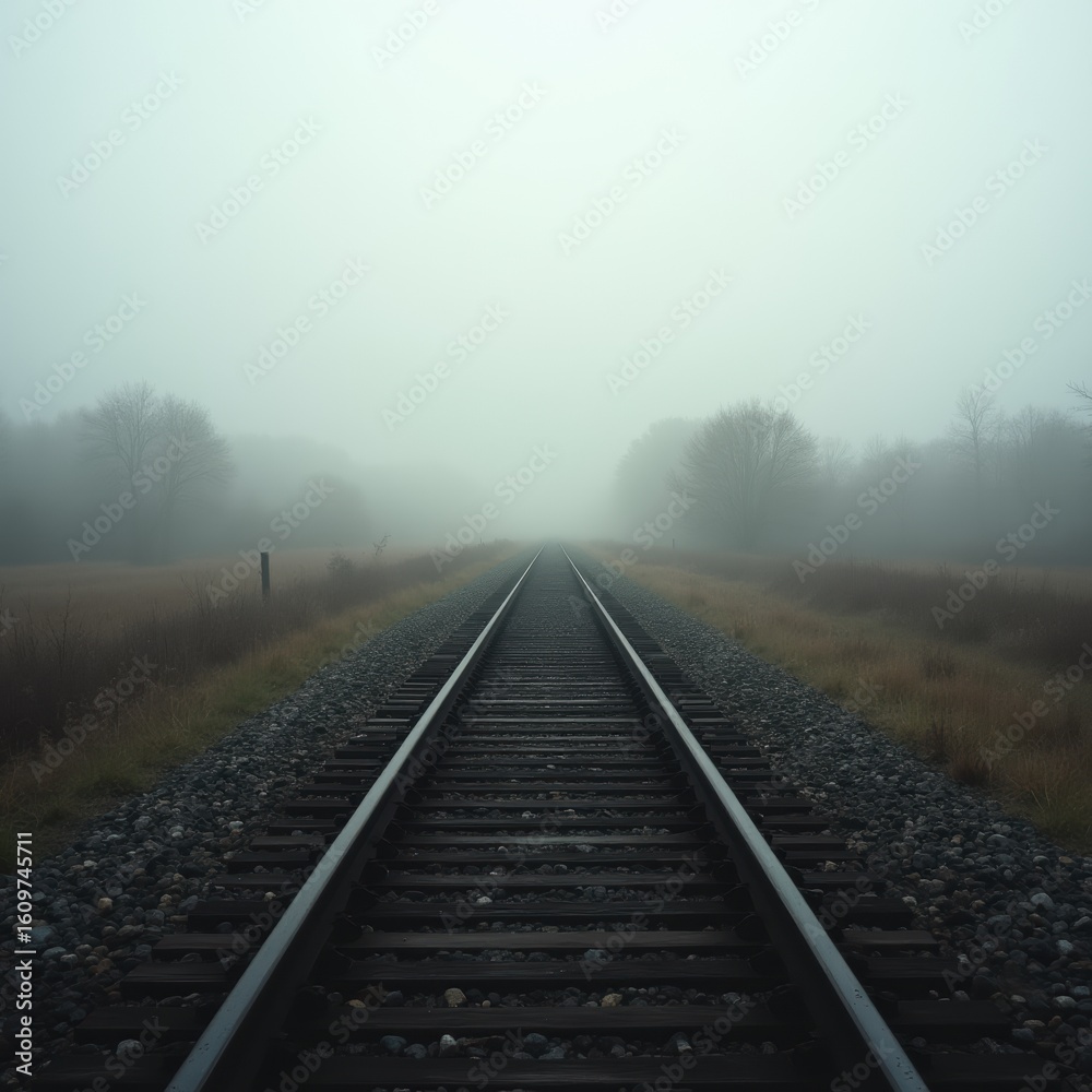 Fototapeta premium Tranquil Rail Pathway in Foggy Landscape
