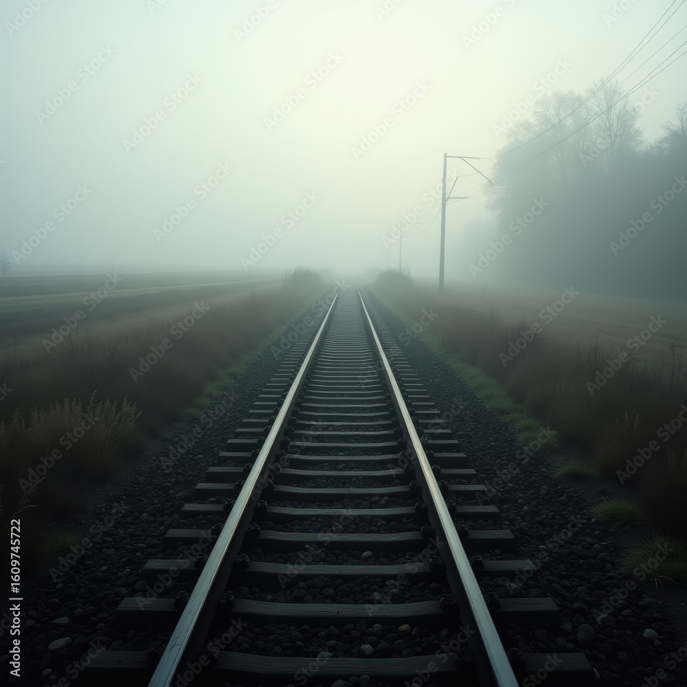 Fototapeta premium Foggy Railroad Tracks in Mystical Landscape