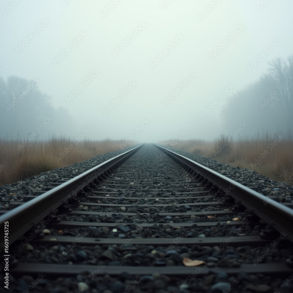 Fototapeta premium Foggy Railroad Tracks in Quiet Landscape