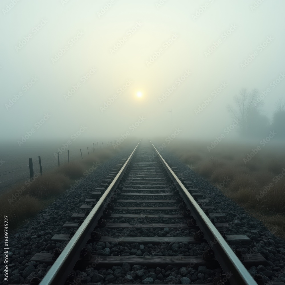 Fototapeta premium Misty Railway Tracks at Sunrise in Fog