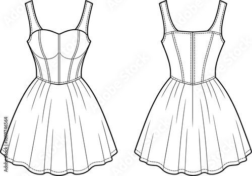PrintSleeveless elegant dress sketch, fashion illustration, front and back view, sewing pattern design, garment template for dressmakers, designersSleeveless elegant dress sketch