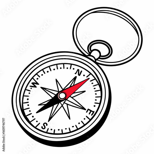 Illustration of a compass with a red and black needle pointing north, surrounded by cardinal directions
