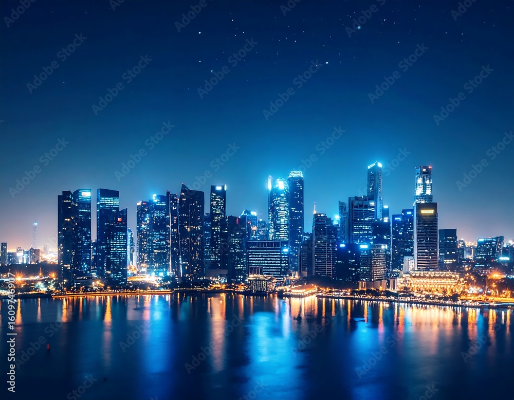 Obraz premium City skyline at night, reflected in water